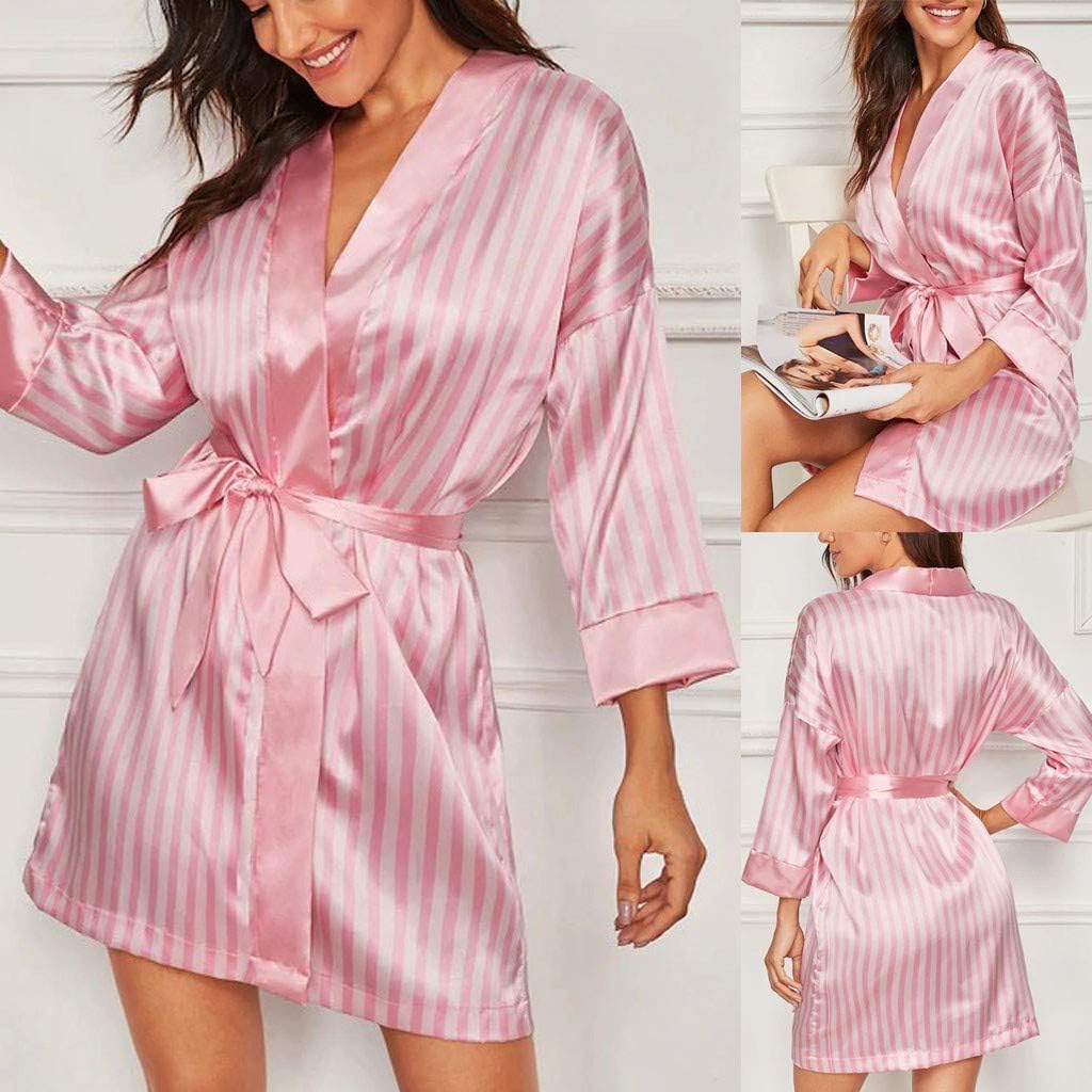 Womens Satin Stripe Robe Cozy Silk Bathrobe for Wedding Party Loungewear, Bride Bridesmaids Short Robes Nightgowns
