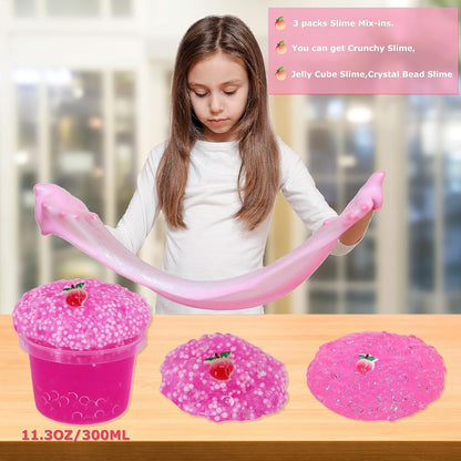 Premade Rose Pink Jelly Cube Glimmer Crunchy Crystal Slime, Includes 4 Sets of Add-ins, Sensory and Tactile Stimulation, Stress Relief, Party Favors for Girls & Boys