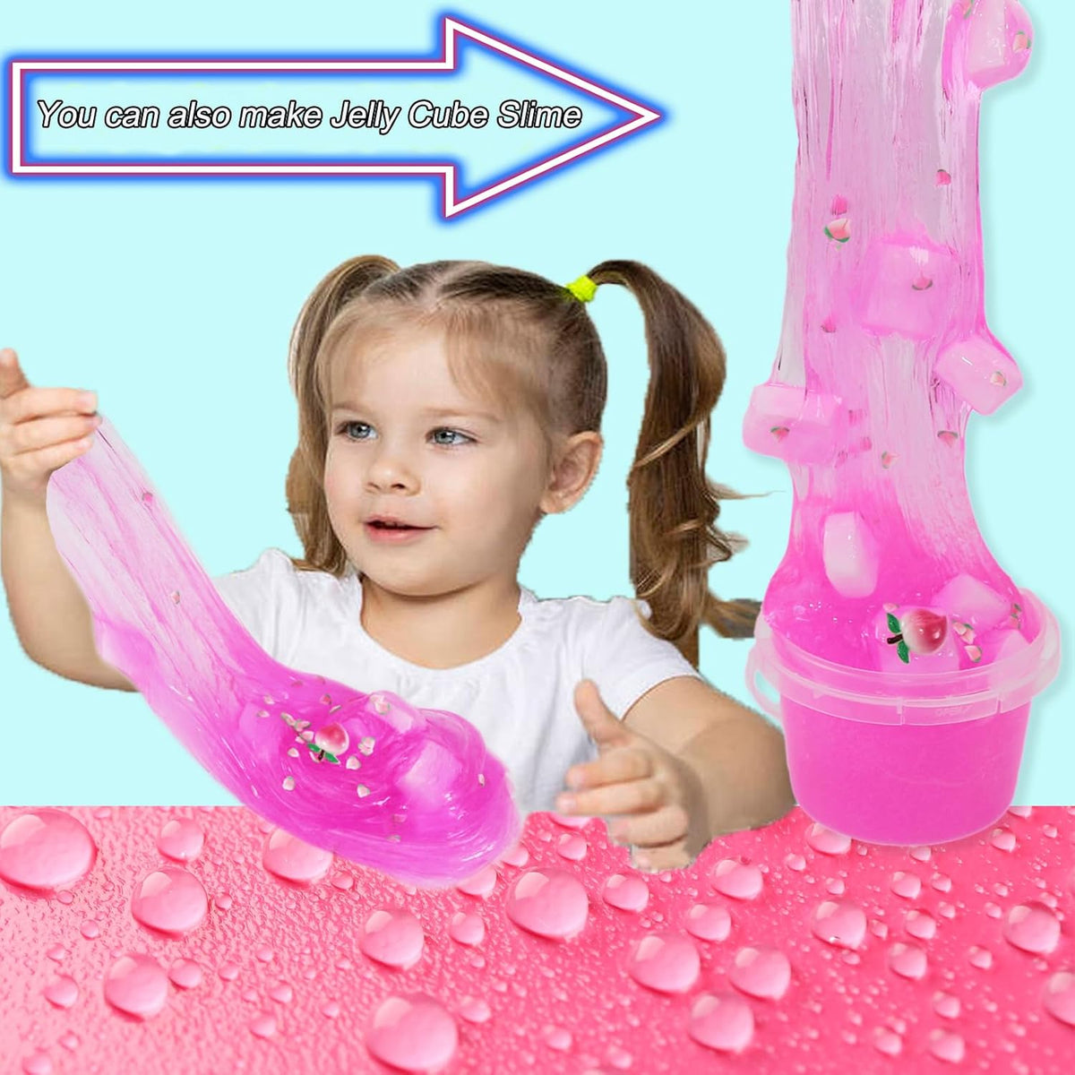 Premade Rose Pink Jelly Cube Glimmer Crunchy Crystal Slime, Includes 4 Sets of Add-ins, Sensory and Tactile Stimulation, Stress Relief, Party Favors for Girls & Boys
