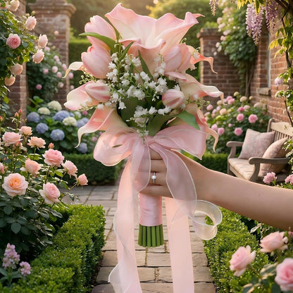 Bridal Wedding Bouquet Realistic Calla Lily Bridal Bouquet Bride Bouquet Wedding Ceremony Church Decoration (Pink)