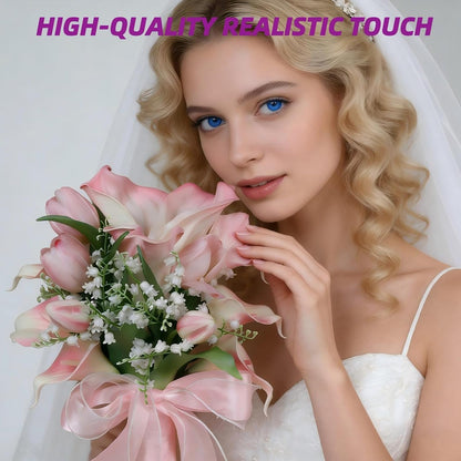 Bridal Wedding Bouquet Realistic Calla Lily Bridal Bouquet Bride Bouquet Wedding Ceremony Church Decoration (Pink)