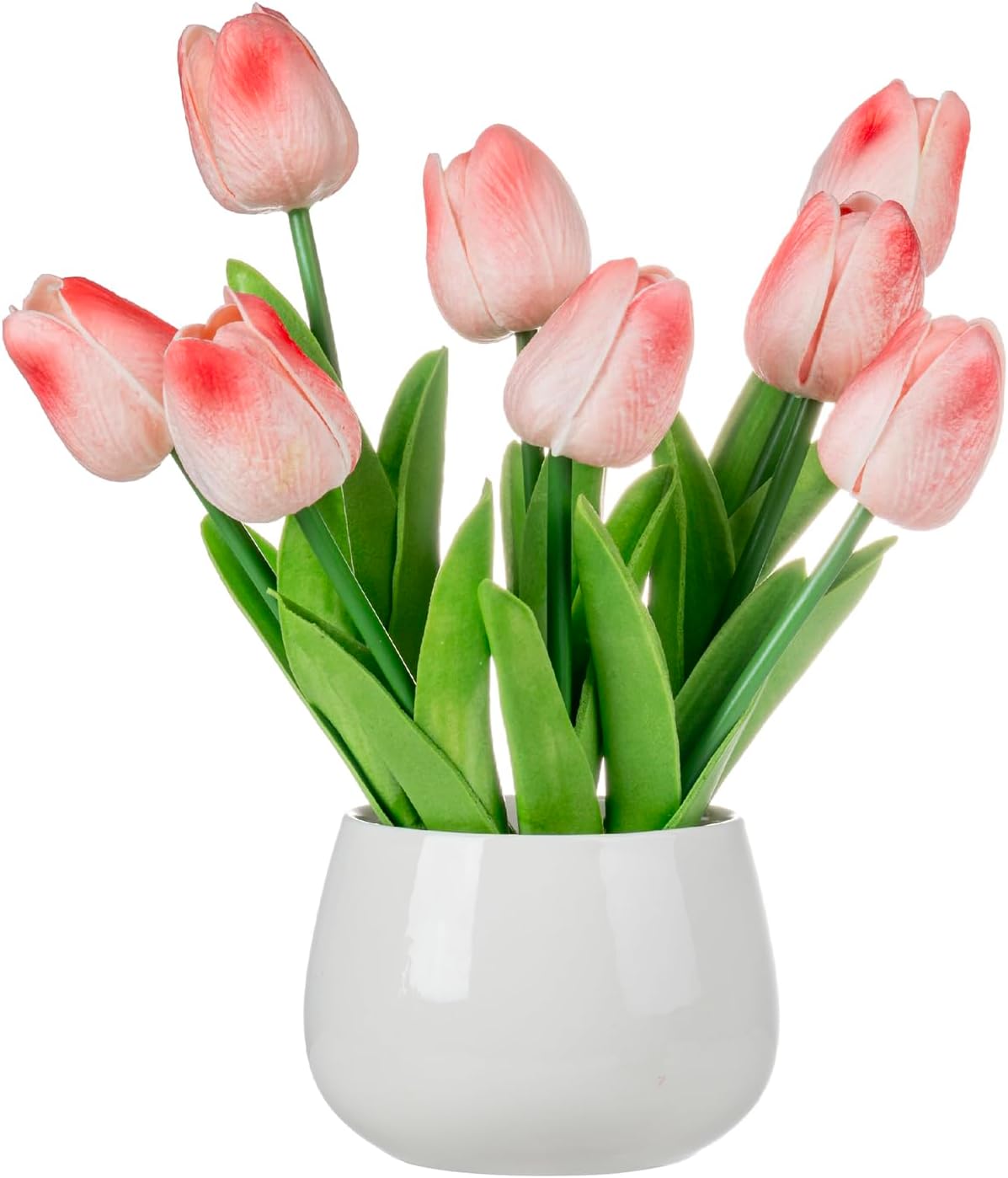 MyGift Artificial Pink Tulips in White Ceramic Vase, Faux Floral Decor