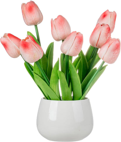 MyGift Artificial Pink Tulips in White Ceramic Vase, Faux Floral Decor