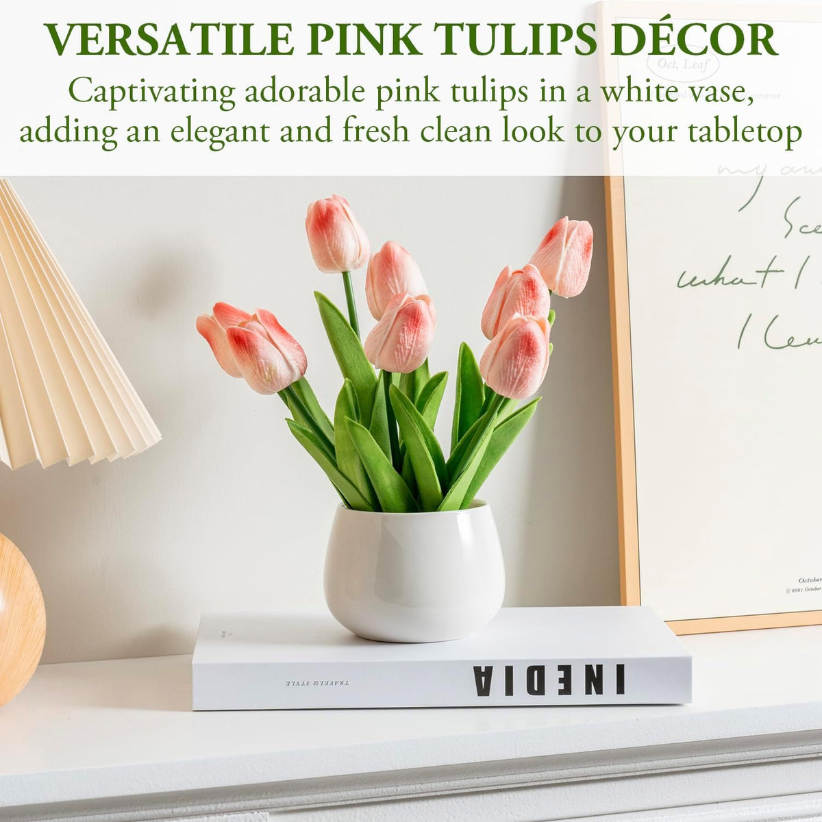 MyGift Artificial Pink Tulips in White Ceramic Vase, Faux Floral Decor