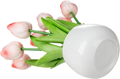 MyGift Artificial Pink Tulips in White Ceramic Vase, Faux Floral Decor