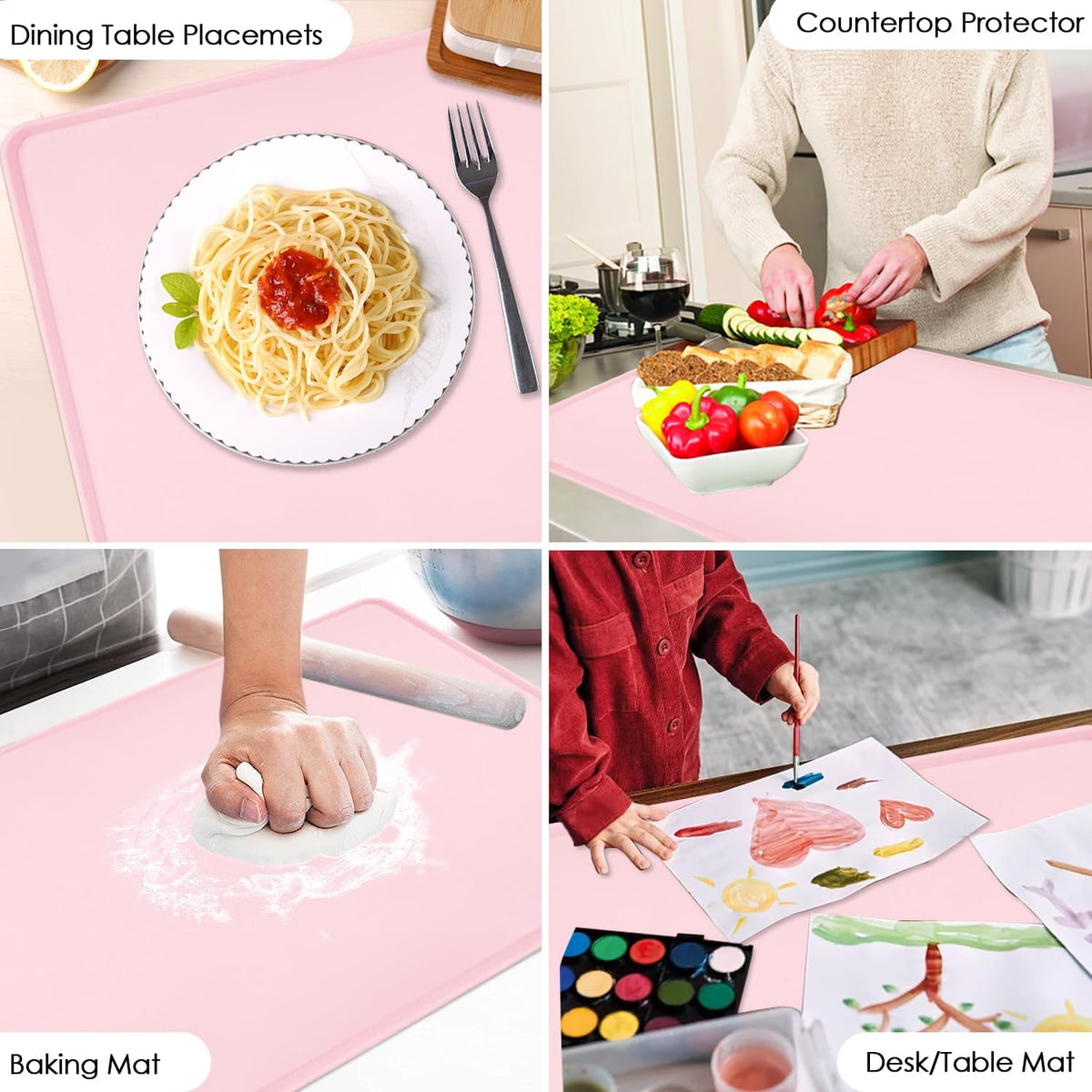 Standard Silicone Mat Pink Baking Mat-Multipurpose Kid Placemat Reusable Kitchen Countertop Mat Dough Pad with Raised Edges Silicone Heat Resistant Mat for Air Fryer (1Pack 23.6'' x 15.7'')