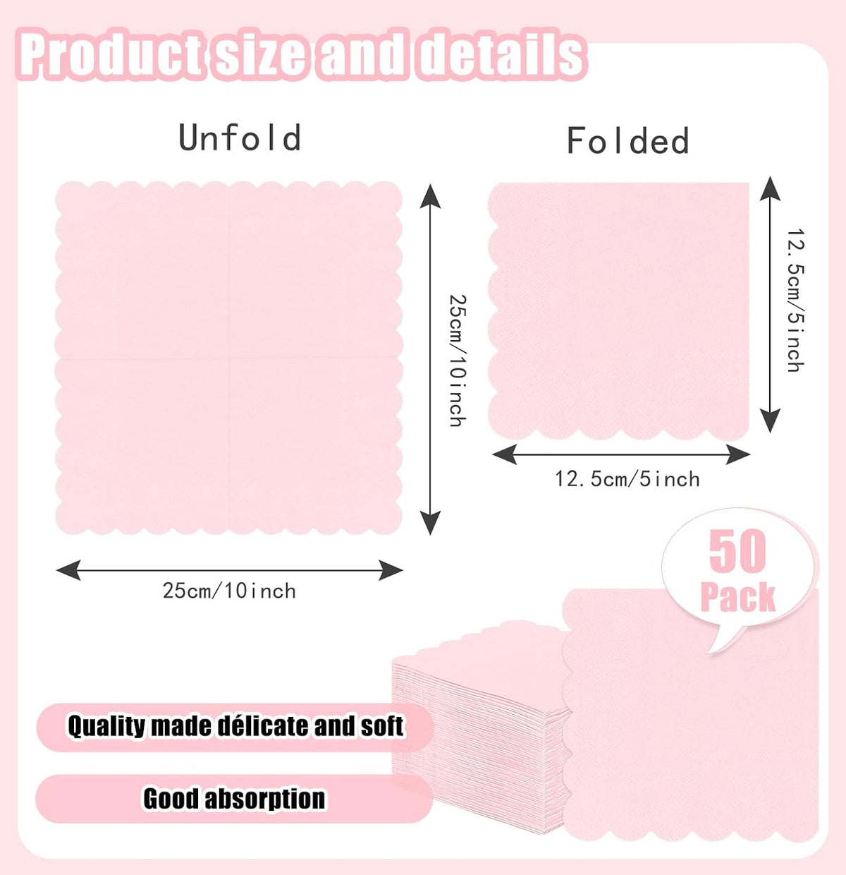 50 Pieces Light Pink Scalloped Napkins Disposable 3-Ply Pink Cocktail Napkins Paper Dinner Napkin for Birthday Baby Shower Wedding Party Beverage Napkin