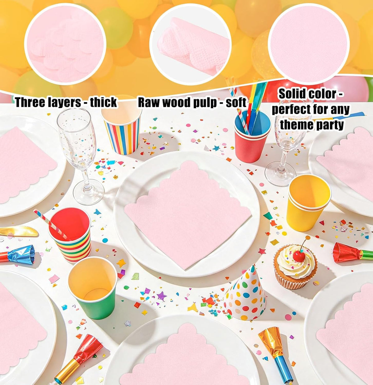 50 Pieces Light Pink Scalloped Napkins Disposable 3-Ply Pink Cocktail Napkins Paper Dinner Napkin for Birthday Baby Shower Wedding Party Beverage Napkin