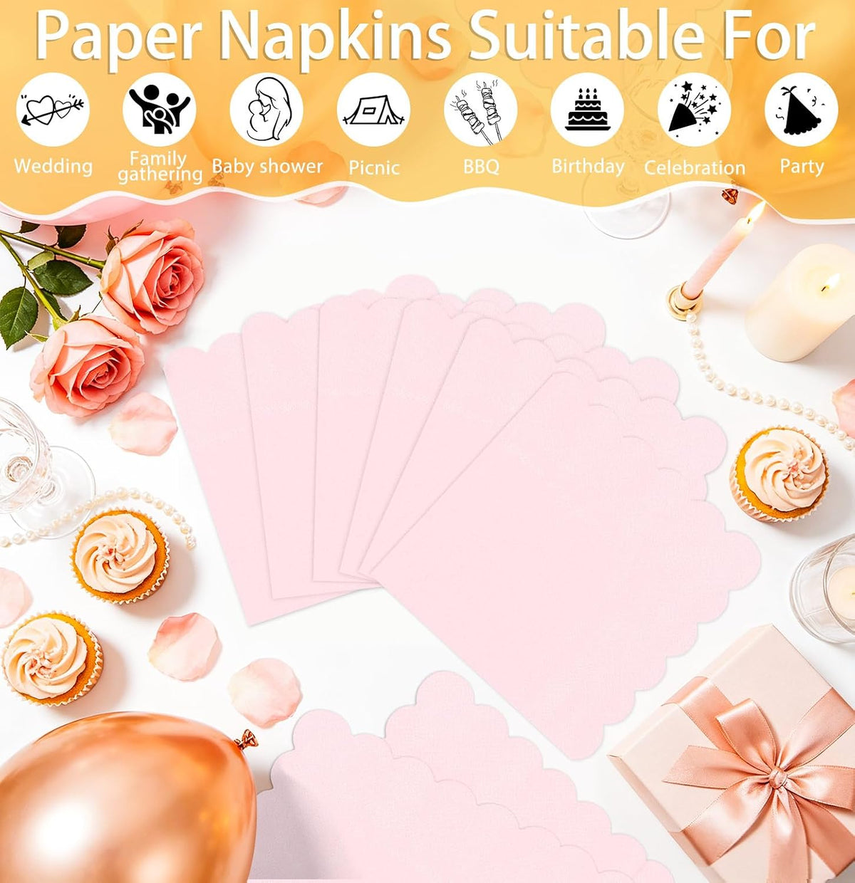 50 Pieces Light Pink Scalloped Napkins Disposable 3-Ply Pink Cocktail Napkins Paper Dinner Napkin for Birthday Baby Shower Wedding Party Beverage Napkin