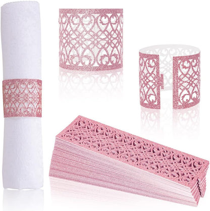 100 Pcs Napkin Rings Sparkling Paper Napkin Holder Disposable Napkin Bands Napkin Holder for Wedding Party Dinner Table Decor（Pink）