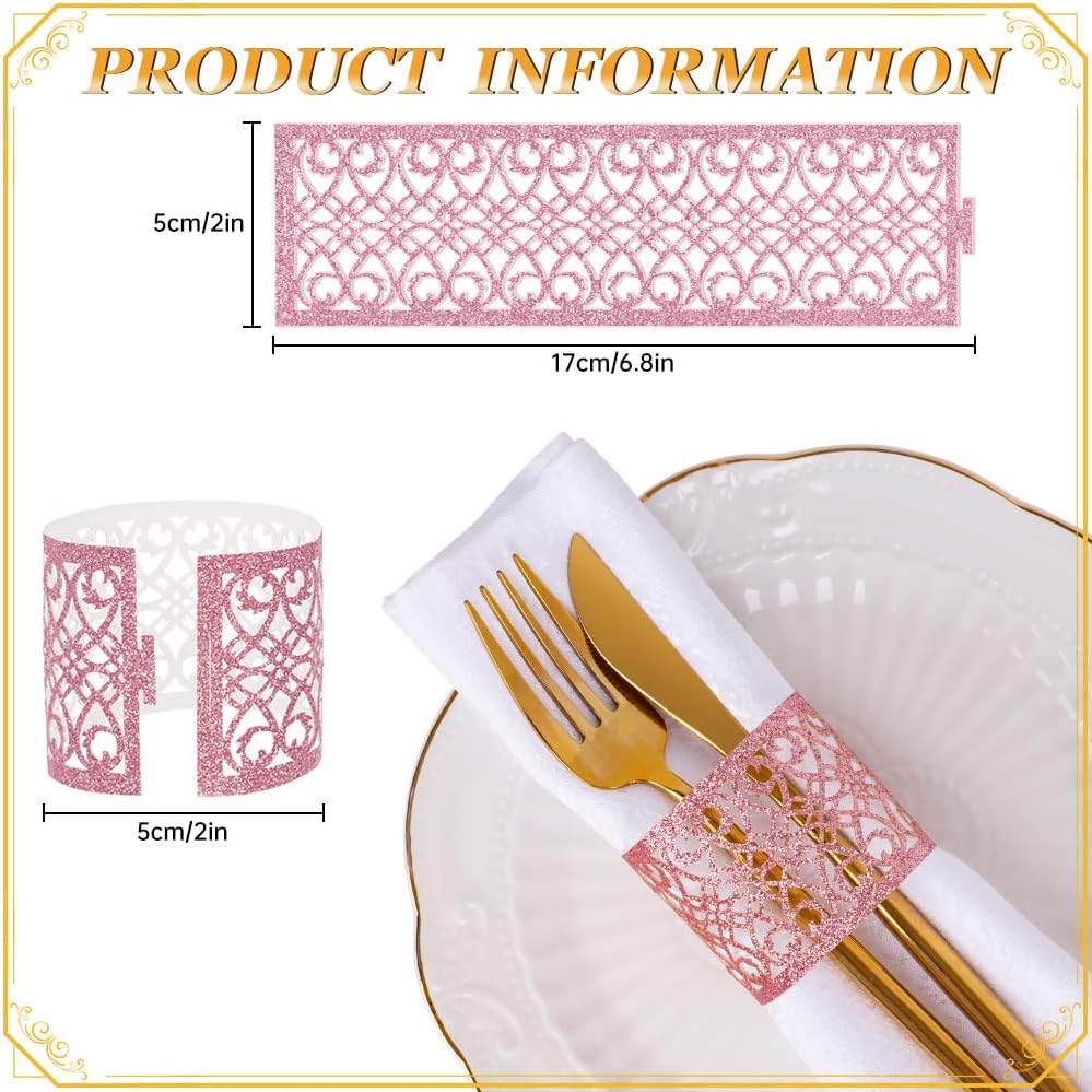 100 Pcs Napkin Rings Sparkling Paper Napkin Holder Disposable Napkin Bands Napkin Holder for Wedding Party Dinner Table Decor（Pink）