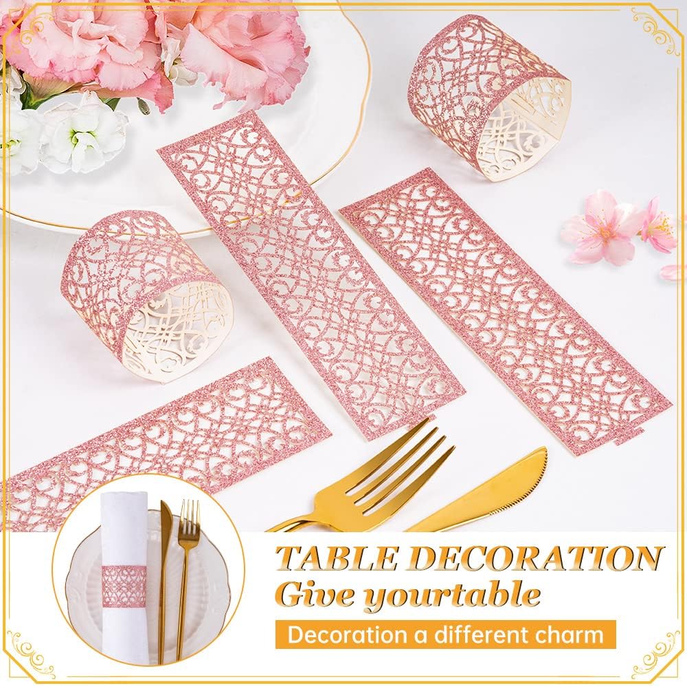 100 Pcs Napkin Rings Sparkling Paper Napkin Holder Disposable Napkin Bands Napkin Holder for Wedding Party Dinner Table Decor（Pink）