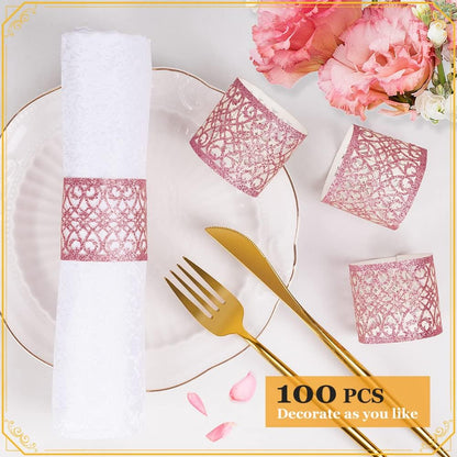 100 Pcs Napkin Rings Sparkling Paper Napkin Holder Disposable Napkin Bands Napkin Holder for Wedding Party Dinner Table Decor（Pink）