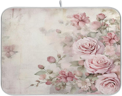 Flower Dish Drying Mat for Kitchen Counter, Vintage Pink Rose Drying Pad Absorbent Dishes Drainer Mats Trivet 16 x 18 Inch