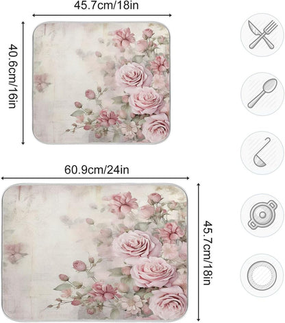 Flower Dish Drying Mat for Kitchen Counter, Vintage Pink Rose Drying Pad Absorbent Dishes Drainer Mats Trivet 16 x 18 Inch