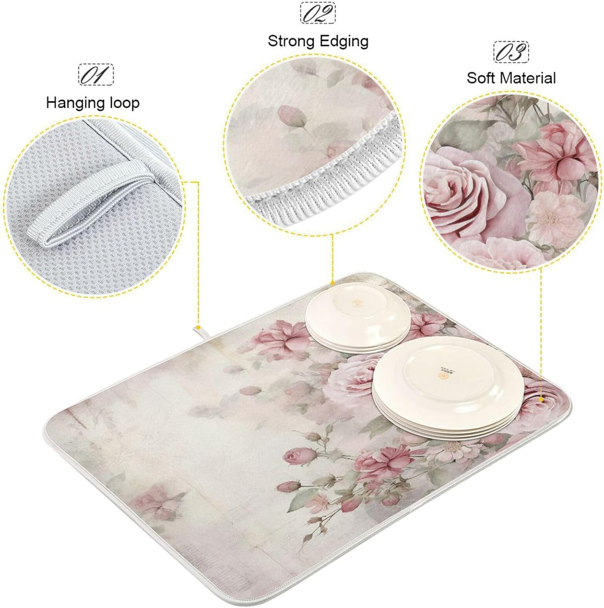 Flower Dish Drying Mat for Kitchen Counter, Vintage Pink Rose Drying Pad Absorbent Dishes Drainer Mats Trivet 16 x 18 Inch