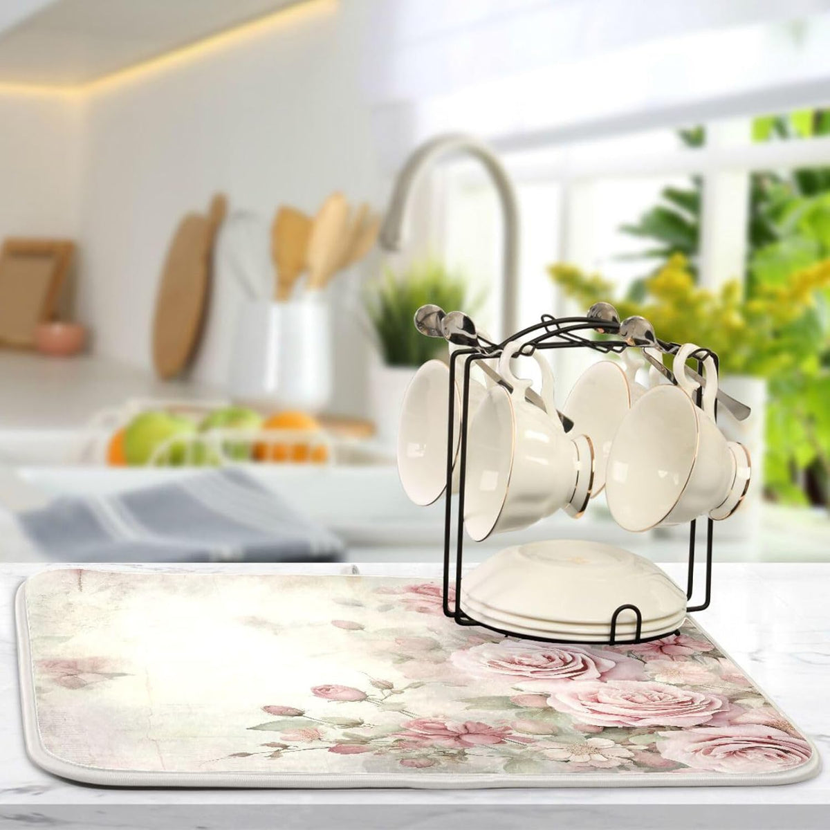 Flower Dish Drying Mat for Kitchen Counter, Vintage Pink Rose Drying Pad Absorbent Dishes Drainer Mats Trivet 16 x 18 Inch