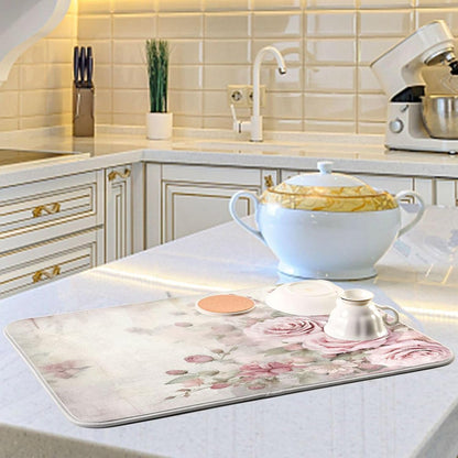 Flower Dish Drying Mat for Kitchen Counter, Vintage Pink Rose Drying Pad Absorbent Dishes Drainer Mats Trivet 16 x 18 Inch