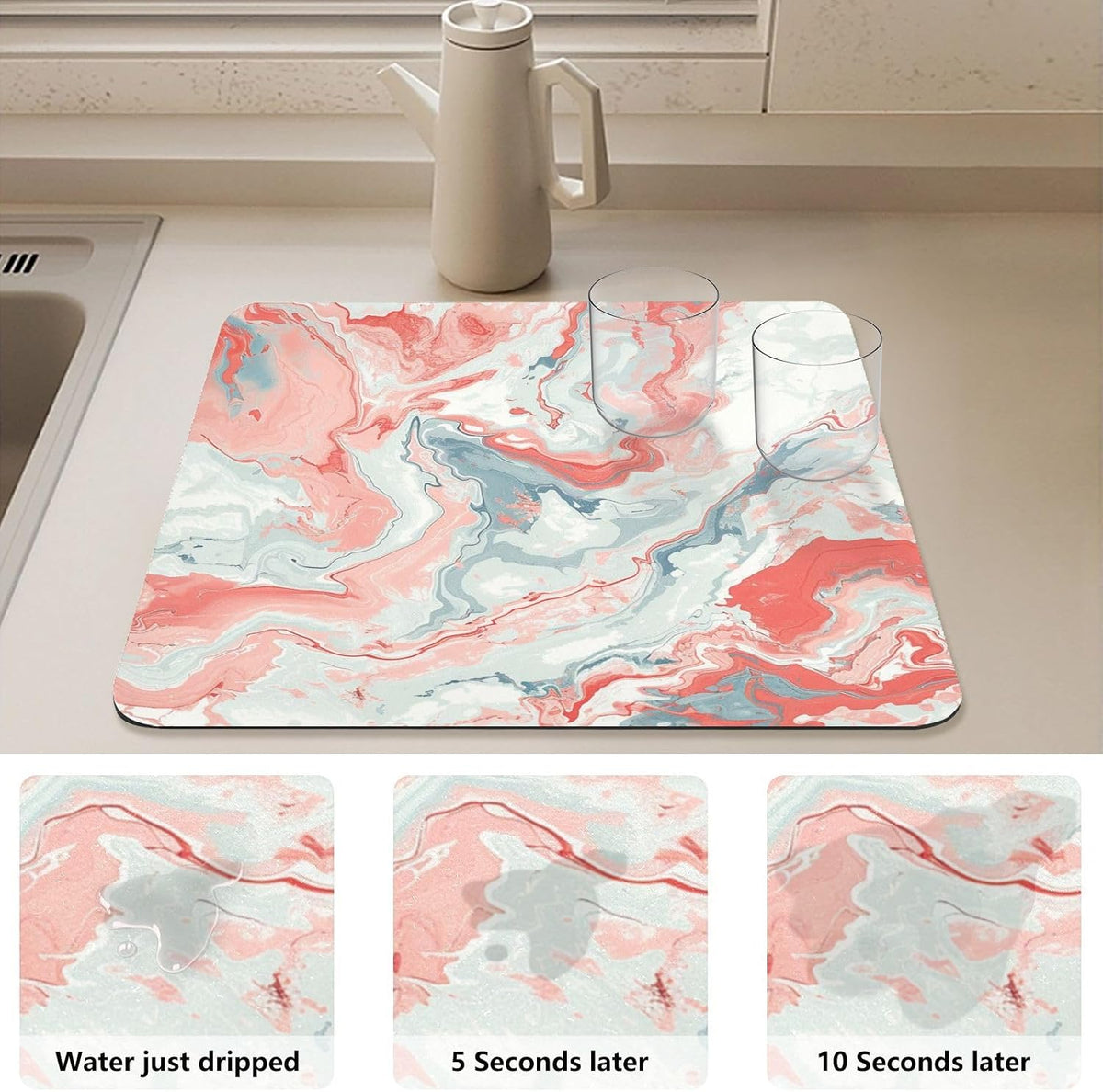 Dish Drying Mat 12 x 16 Inch with Non Slip Rubber Backed, Marble Pink Dish Drying Pad Dish Rack Pad Drainer Mat for Kitchen Counter Coffee Bar, S