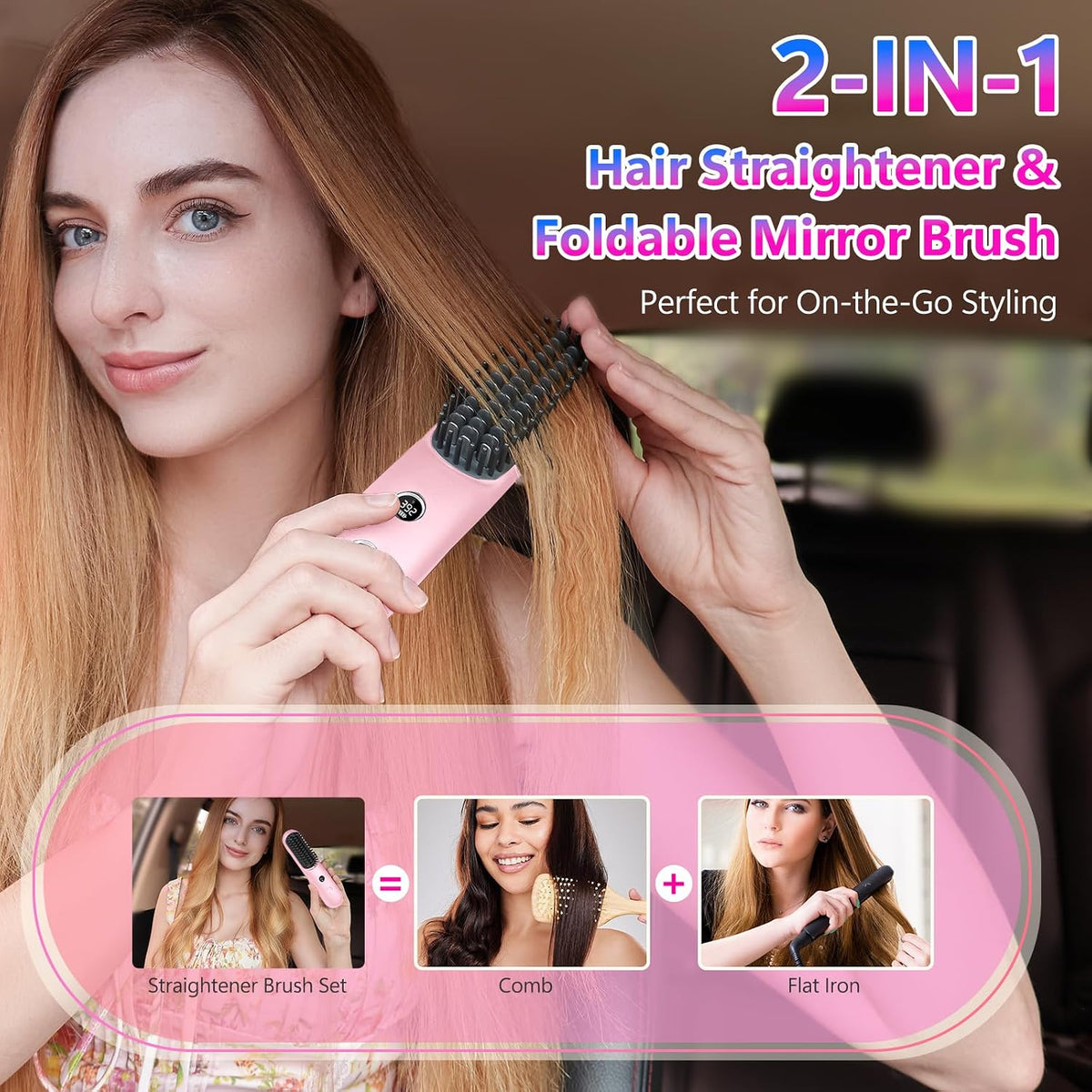 LCD Screen Cordless Hair Straightener & Curler 2 in 1, Pink