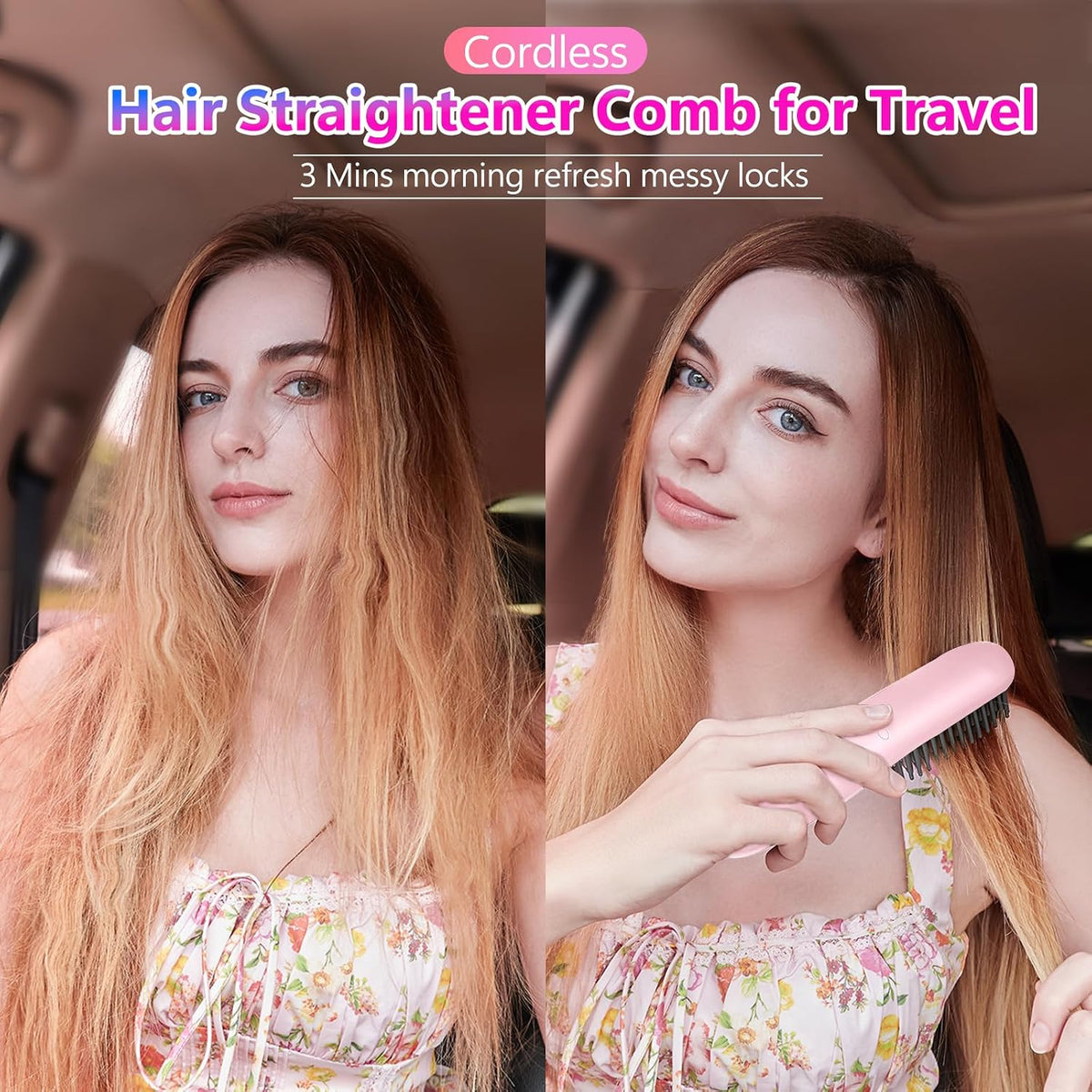 LCD Screen Cordless Hair Straightener & Curler 2 in 1, Pink