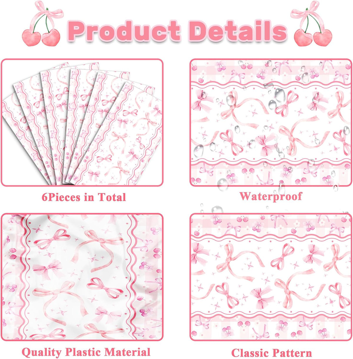 6 Pieces Pink Bow Table Runners 14 x 108 Inches Disposable Coquette Pattern Table Runner for Tea Party Birthday Baby Shower Wedding Valentine's Day Holiday Kitchen Dining Table Decor Party Supplies
