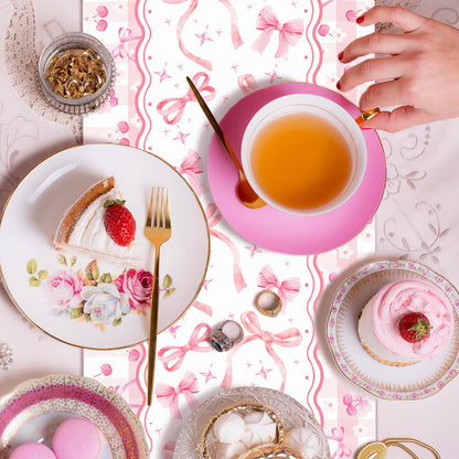 6 Pieces Pink Bow Table Runners 14 x 108 Inches Disposable Coquette Pattern Table Runner for Tea Party Birthday Baby Shower Wedding Valentine's Day Holiday Kitchen Dining Table Decor Party Supplies
