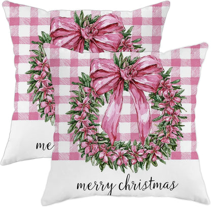 Wreath Throw Pillow Covers, Christmas Traditional Bow Flowers Xmas Peach Soft Velvet Washable Couch Pillow Covers for Living Room Bed Office Sofa Chair Decor 18x18 Inch