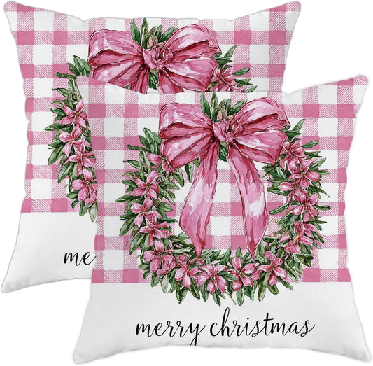 Wreath Throw Pillow Covers, Christmas Traditional Bow Flowers Xmas Peach Soft Velvet Washable Couch Pillow Covers for Living Room Bed Office Sofa Chair Decor 18x18 Inch