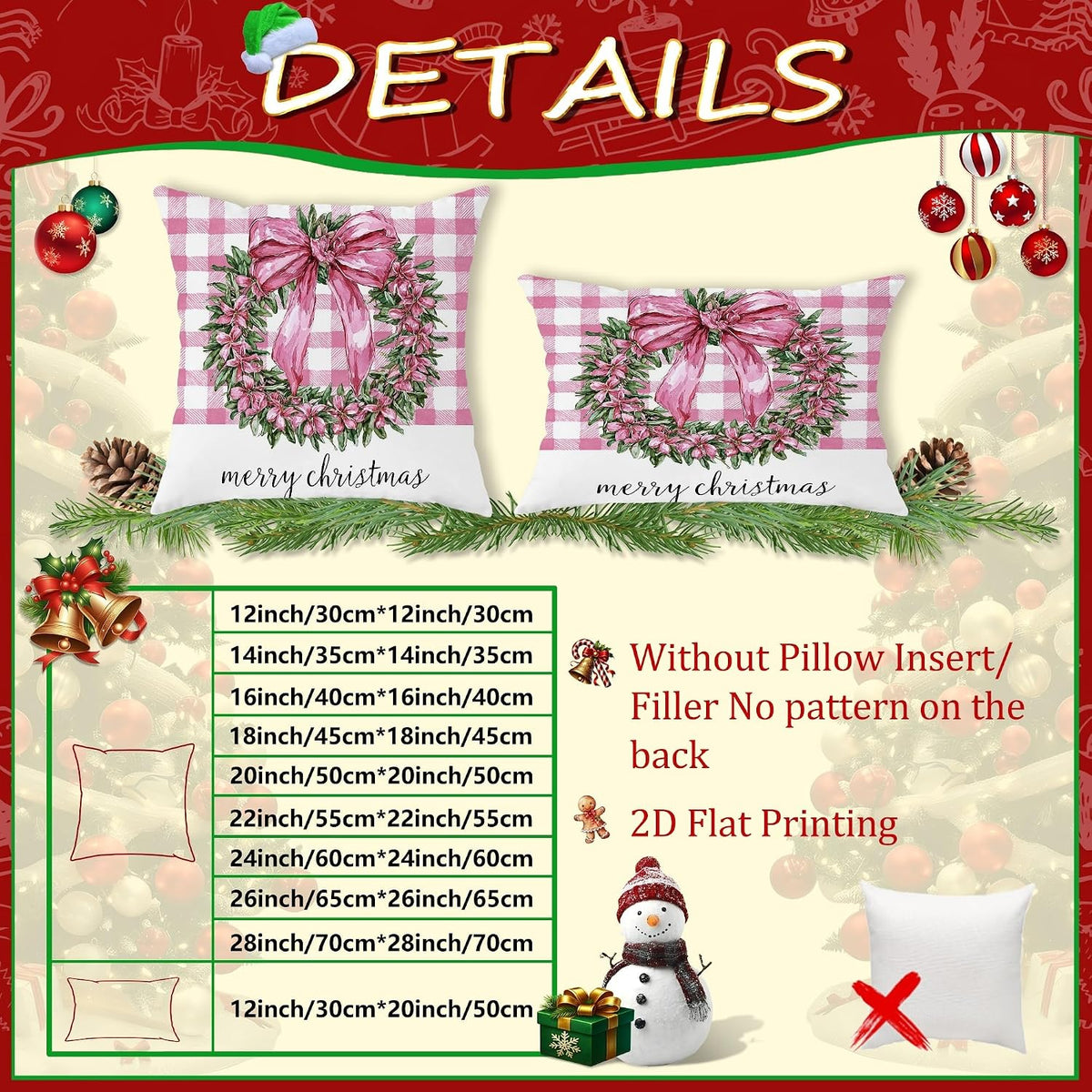 Wreath Throw Pillow Covers, Christmas Traditional Bow Flowers Xmas Peach Soft Velvet Washable Couch Pillow Covers for Living Room Bed Office Sofa Chair Decor 18x18 Inch