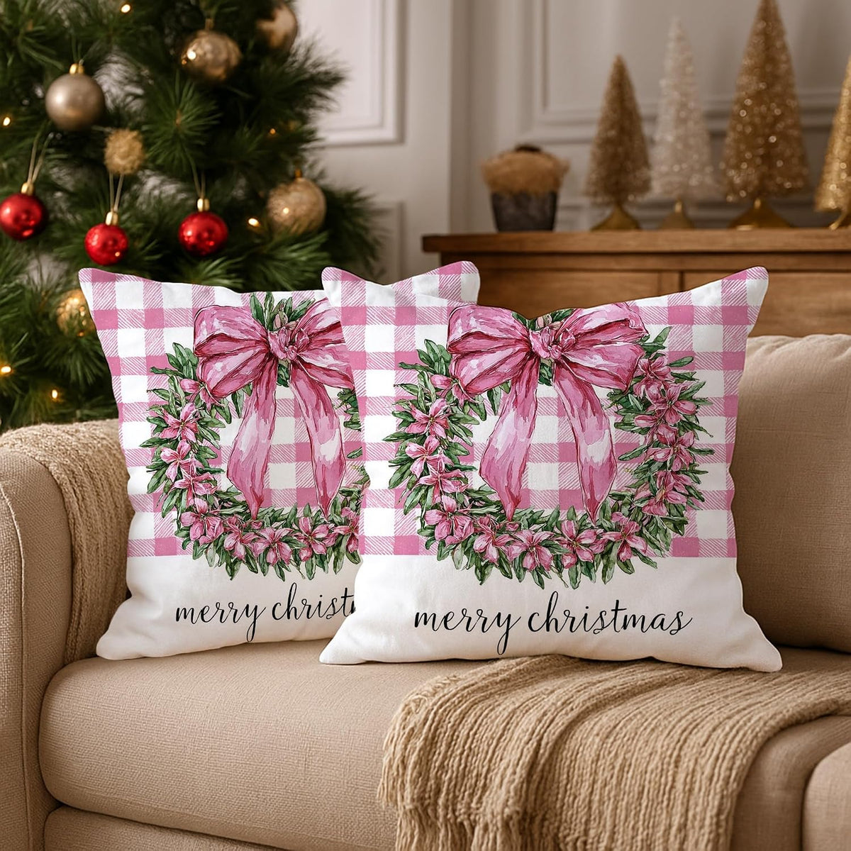 Wreath Throw Pillow Covers, Christmas Traditional Bow Flowers Xmas Peach Soft Velvet Washable Couch Pillow Covers for Living Room Bed Office Sofa Chair Decor 18x18 Inch