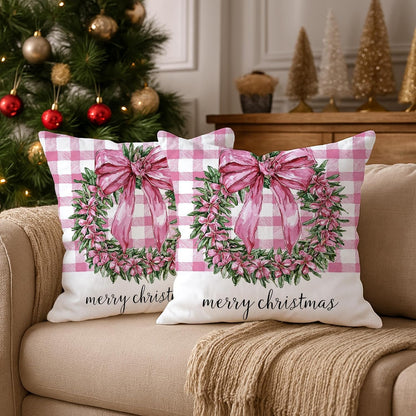 Wreath Throw Pillow Covers, Christmas Traditional Bow Flowers Xmas Peach Soft Velvet Washable Couch Pillow Covers for Living Room Bed Office Sofa Chair Decor 18x18 Inch