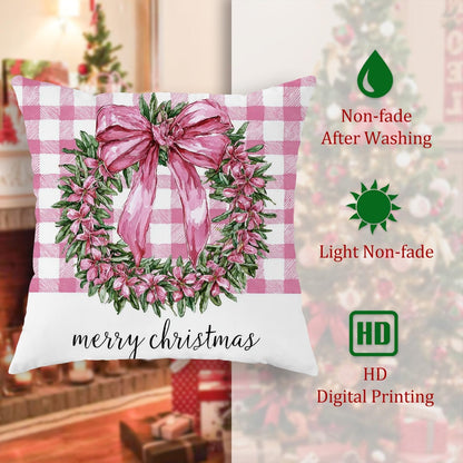 Wreath Throw Pillow Covers, Christmas Traditional Bow Flowers Xmas Peach Soft Velvet Washable Couch Pillow Covers for Living Room Bed Office Sofa Chair Decor 18x18 Inch