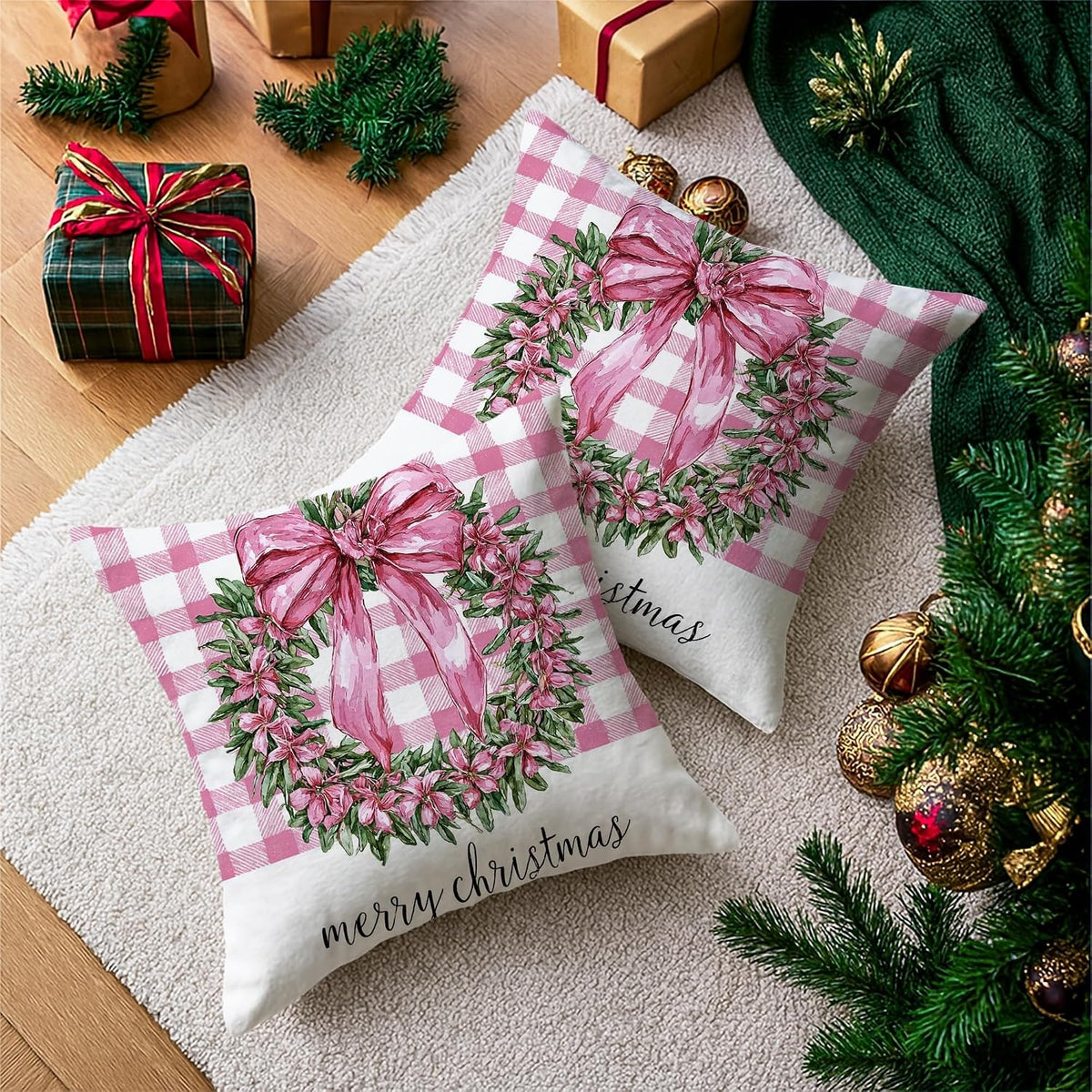 Wreath Throw Pillow Covers, Christmas Traditional Bow Flowers Xmas Peach Soft Velvet Washable Couch Pillow Covers for Living Room Bed Office Sofa Chair Decor 18x18 Inch