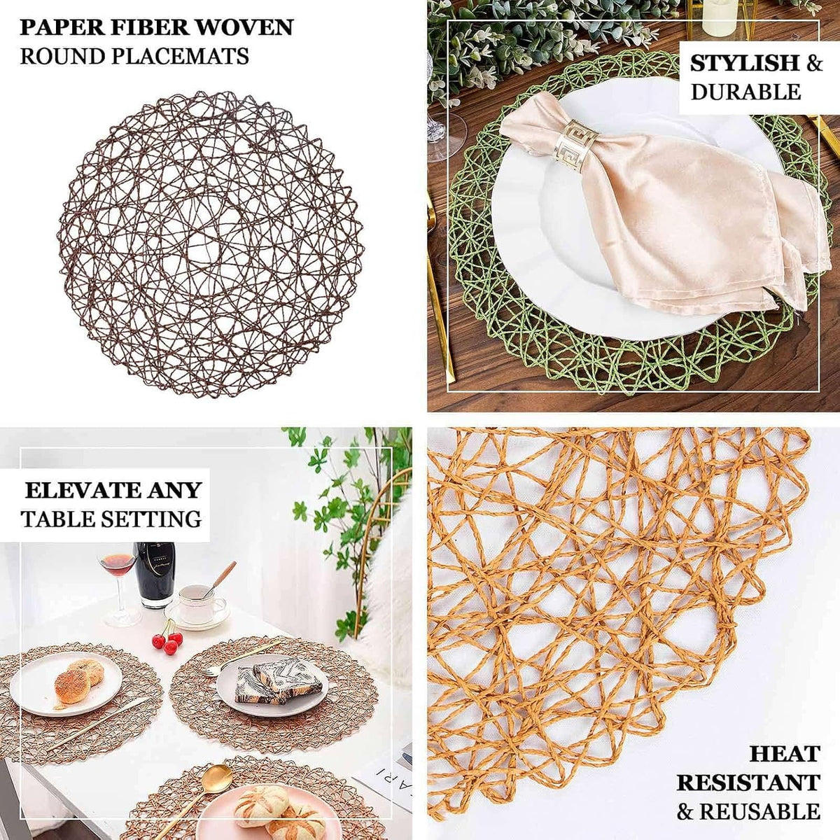 6 Pack Blush Woven Fiber Disposable Placemats, Round Table Mats 15"