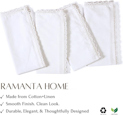 Ramanta Home White Coth Dinner Napkin Set of 12 Premium Easter Cotton 20X20 Inch Oversized Linen Flax Lace Soft & Durable Washable Ideal for Spring Basket Decor, Wedding Parties, Birthday