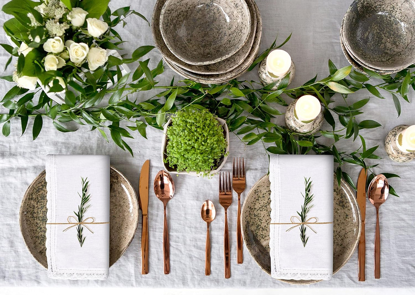 Ramanta Home White Coth Dinner Napkin Set of 12 Premium Easter Cotton 20X20 Inch Oversized Linen Flax Lace Soft & Durable Washable Ideal for Spring Basket Decor, Wedding Parties, Birthday