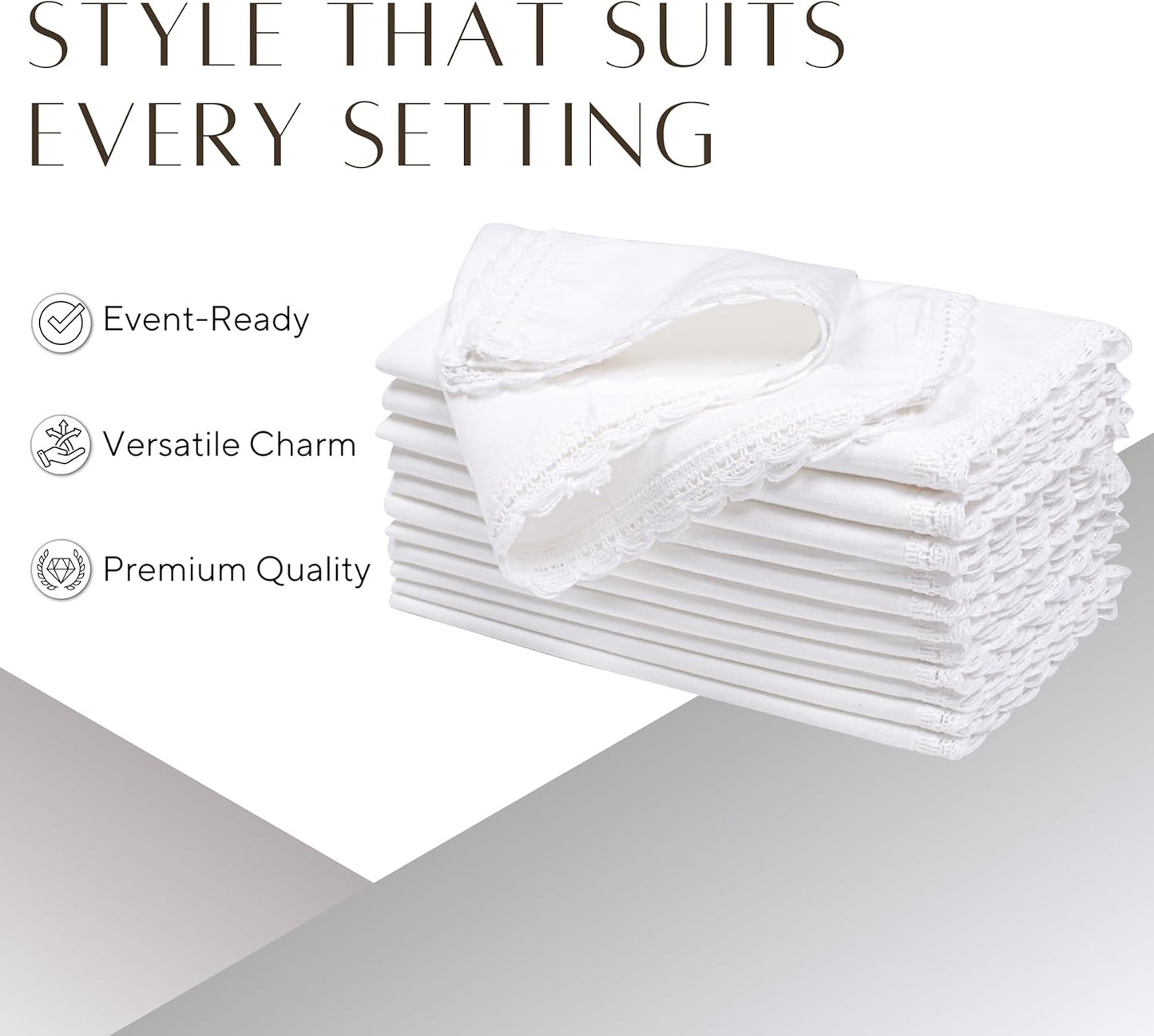 Ramanta Home White Coth Dinner Napkin Set of 12 Premium Easter Cotton 20X20 Inch Oversized Linen Flax Lace Soft & Durable Washable Ideal for Spring Basket Decor, Wedding Parties, Birthday