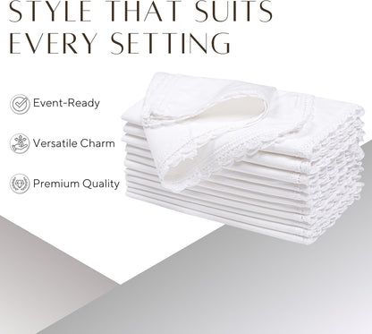 Ramanta Home White Coth Dinner Napkin Set of 12 Premium Easter Cotton 20X20 Inch Oversized Linen Flax Lace Soft & Durable Washable Ideal for Spring Basket Decor, Wedding Parties, Birthday