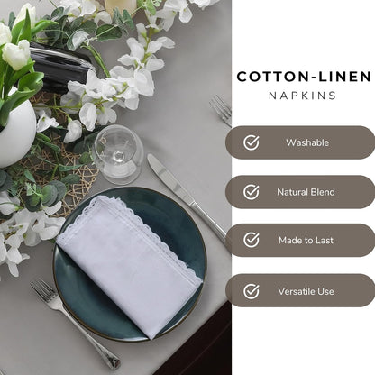 Ramanta Home White Coth Dinner Napkin Set of 12 Premium Easter Cotton 20X20 Inch Oversized Linen Flax Lace Soft & Durable Washable Ideal for Spring Basket Decor, Wedding Parties, Birthday