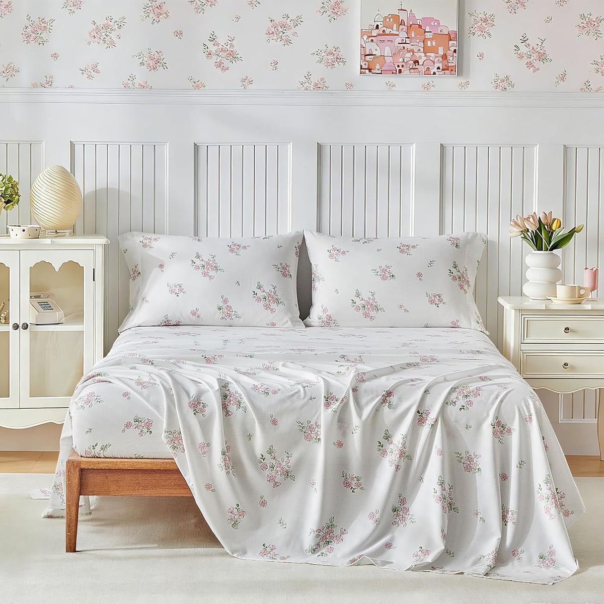 Bed Sheet Set Queen Size- Flowers Pink Design, 4 Piece Ultra Soft Brushed Microfiber Bedding Sheets - Includes 1 Flat Sheet, 1 Fitted Sheet, 2 Pillowcase