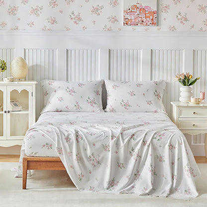 Bed Sheet Set Queen Size- Flowers Pink Design, 4 Piece Ultra Soft Brushed Microfiber Bedding Sheets - Includes 1 Flat Sheet, 1 Fitted Sheet, 2 Pillowcase