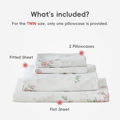 Bed Sheet Set Queen Size- Flowers Pink Design, 4 Piece Ultra Soft Brushed Microfiber Bedding Sheets - Includes 1 Flat Sheet, 1 Fitted Sheet, 2 Pillowcase