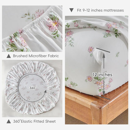 Bed Sheet Set Queen Size- Flowers Pink Design, 4 Piece Ultra Soft Brushed Microfiber Bedding Sheets - Includes 1 Flat Sheet, 1 Fitted Sheet, 2 Pillowcase