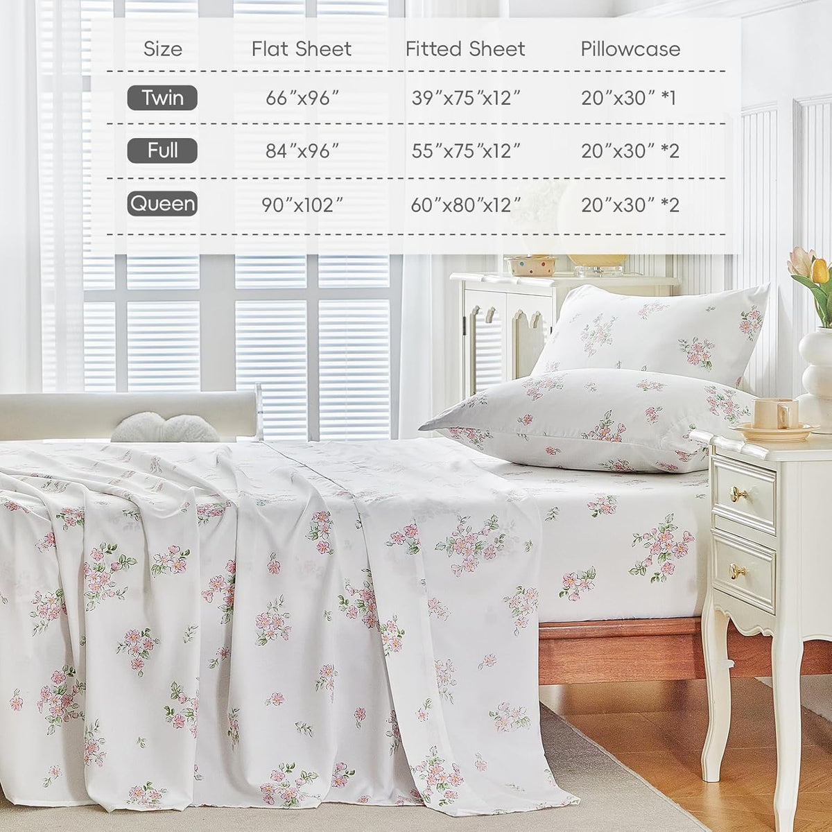 Bed Sheet Set Queen Size- Flowers Pink Design, 4 Piece Ultra Soft Brushed Microfiber Bedding Sheets - Includes 1 Flat Sheet, 1 Fitted Sheet, 2 Pillowcase