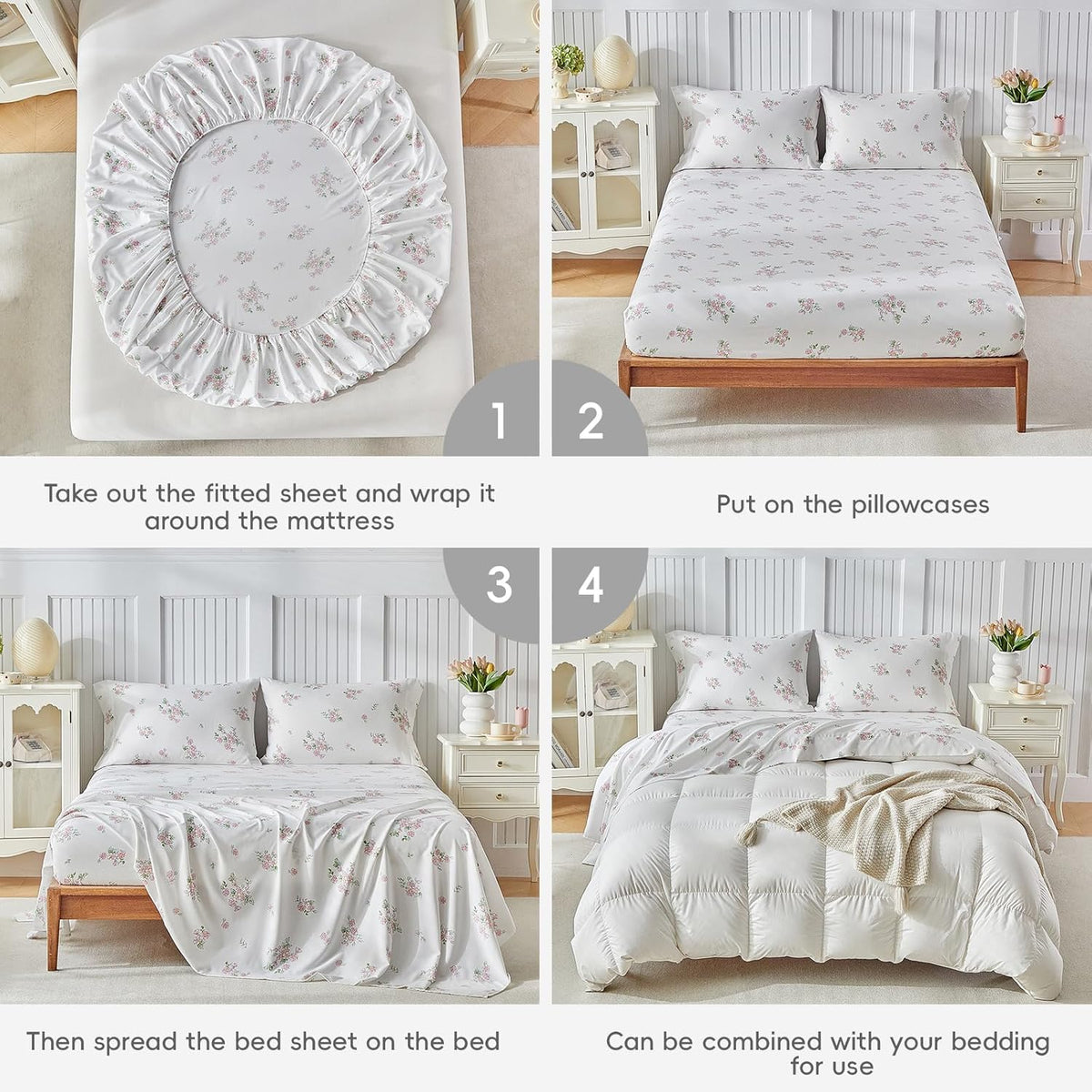 Bed Sheet Set Queen Size- Flowers Pink Design, 4 Piece Ultra Soft Brushed Microfiber Bedding Sheets - Includes 1 Flat Sheet, 1 Fitted Sheet, 2 Pillowcase