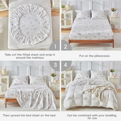 Bed Sheet Set Queen Size- Flowers Pink Design, 4 Piece Ultra Soft Brushed Microfiber Bedding Sheets - Includes 1 Flat Sheet, 1 Fitted Sheet, 2 Pillowcase