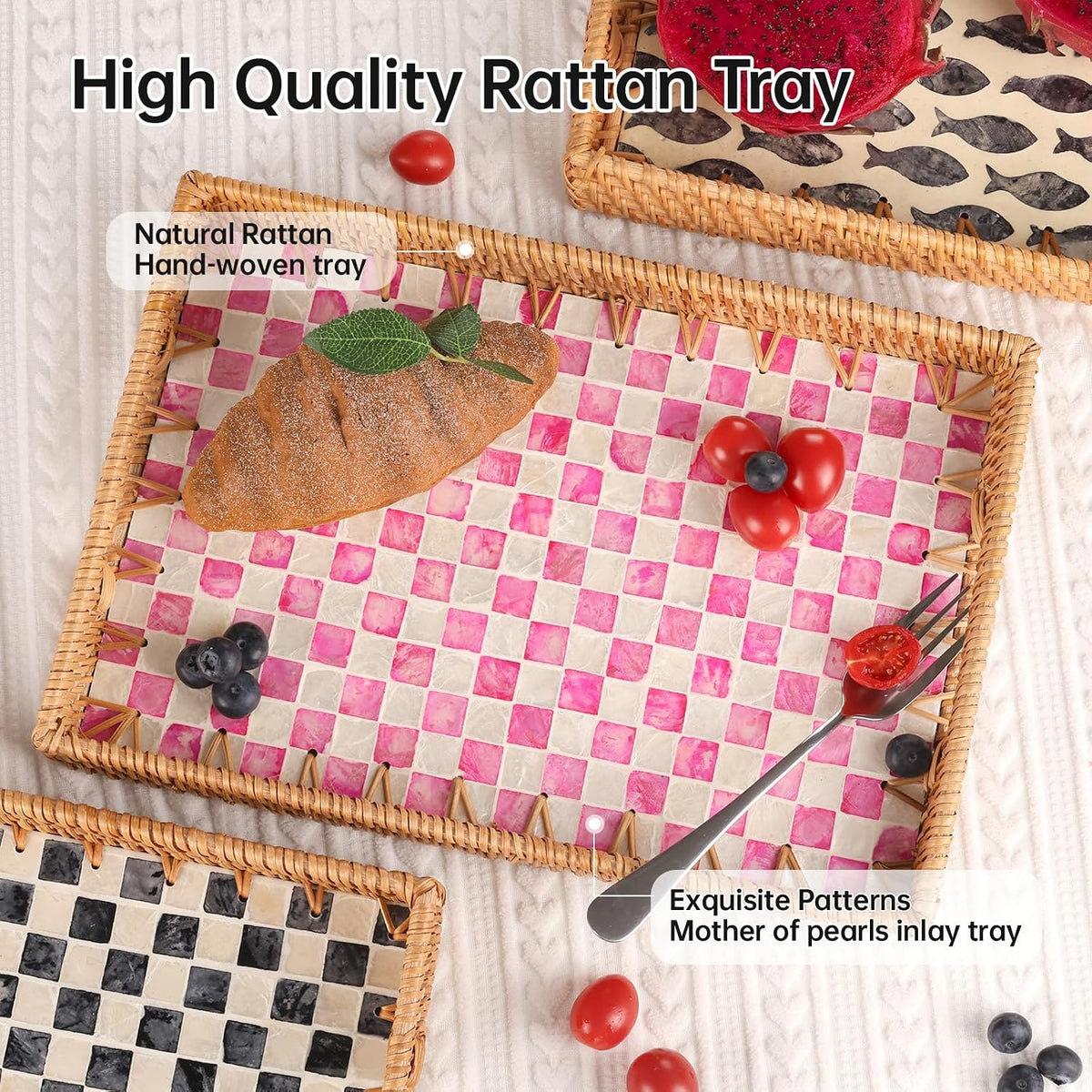 Rectangle Rattan Tray with Mother of Pearl Inlay, Rattan Serving Tray with Handle for Coffee, Bread, Fruits, Decorative Wicker Tray for Table Decor (Rectangle Pink Checkerboard, 13"×9")