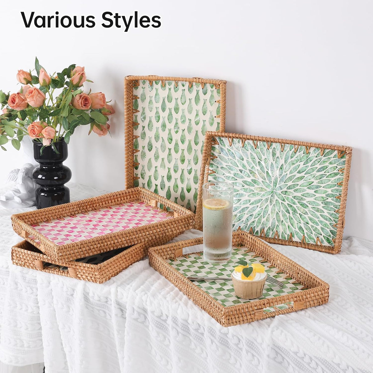 Rectangle Rattan Tray with Mother of Pearl Inlay, Rattan Serving Tray with Handle for Coffee, Bread, Fruits, Decorative Wicker Tray for Table Decor (Rectangle Pink Checkerboard, 13"×9")