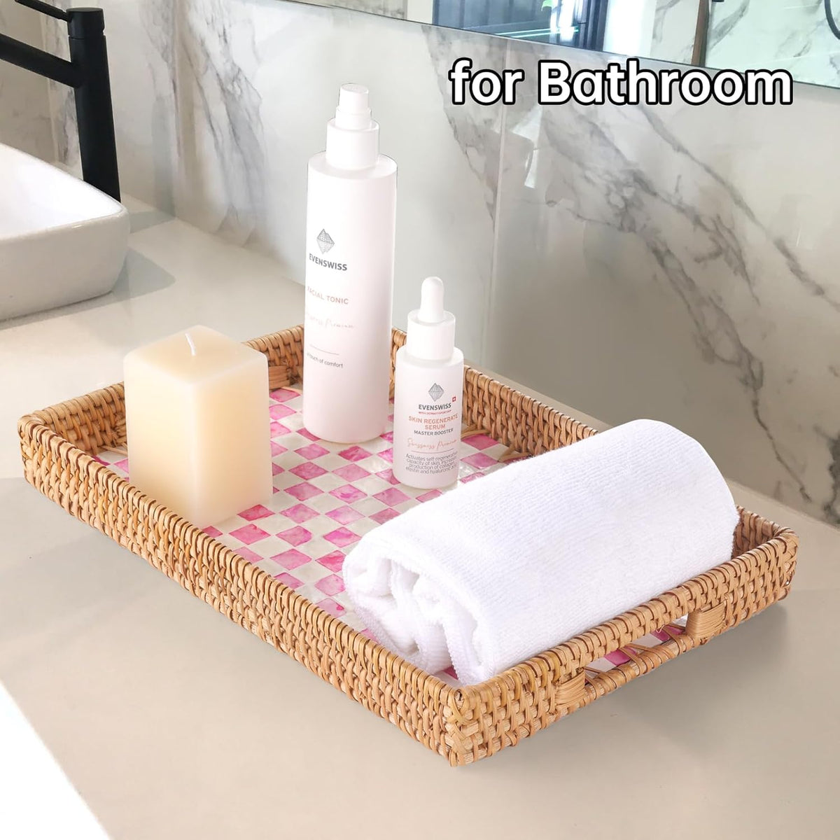 Rectangle Rattan Tray with Mother of Pearl Inlay, Rattan Serving Tray with Handle for Coffee, Bread, Fruits, Decorative Wicker Tray for Table Decor (Rectangle Pink Checkerboard, 13"×9")
